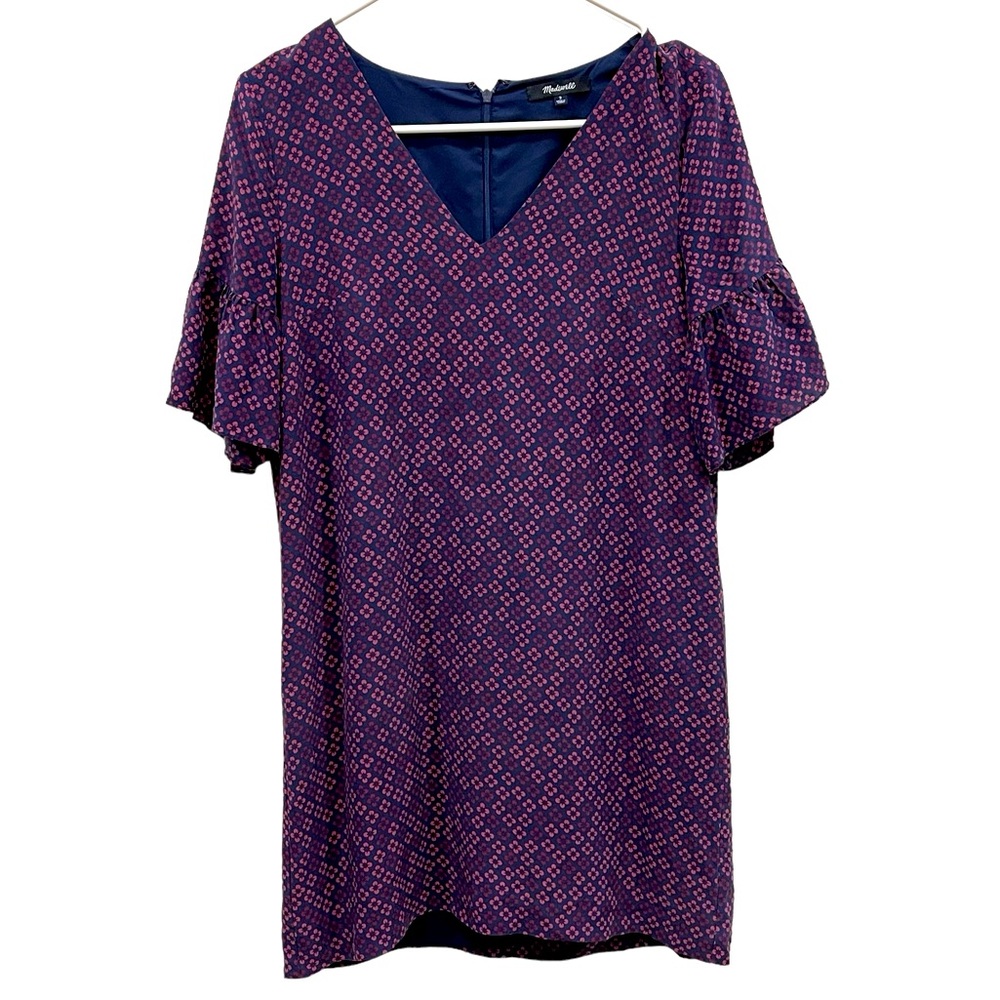 MADEWELL Silk Dress Mini V-Neck Short Sleeve Purple/Blue Floral SZ 2